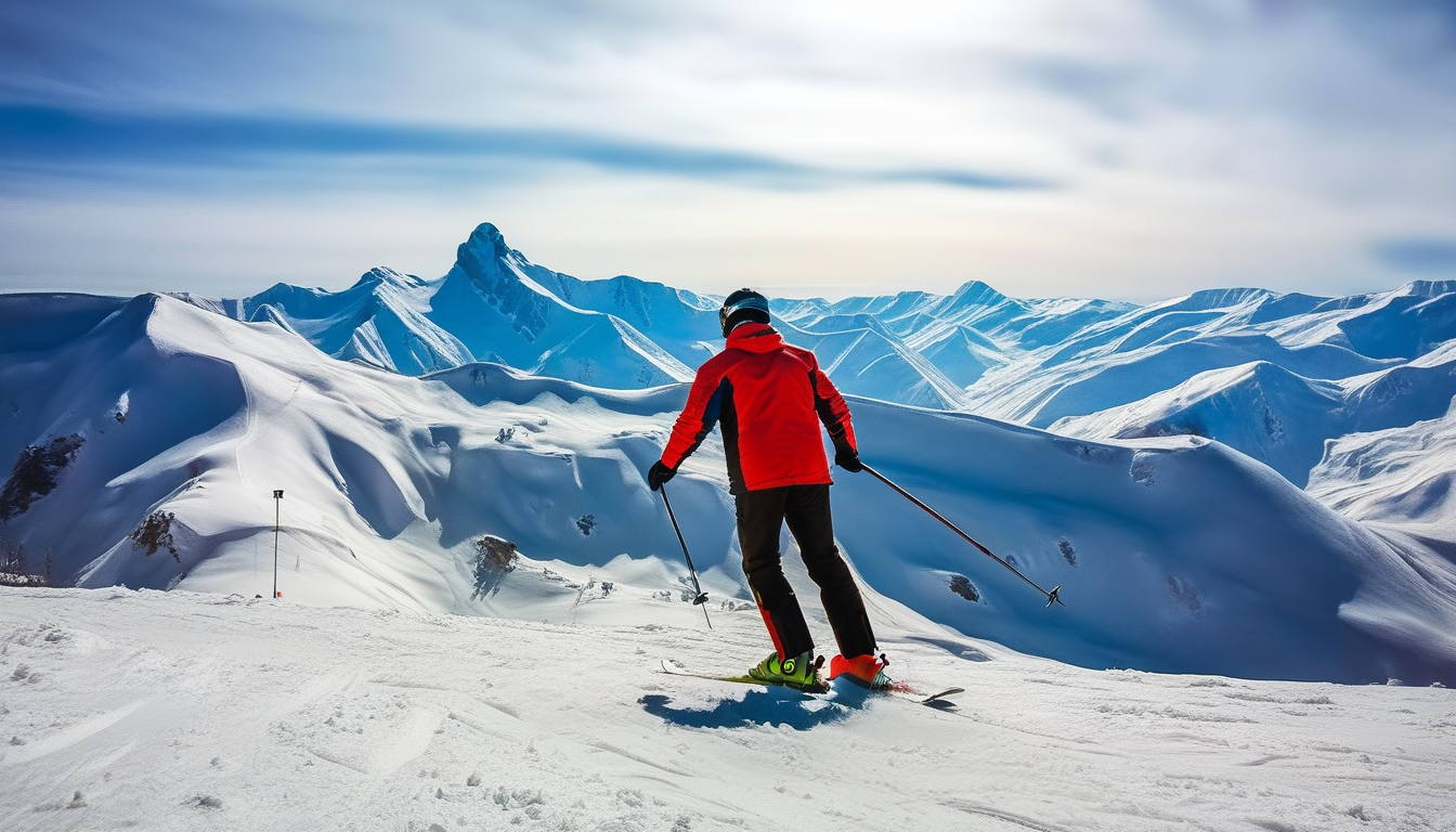 Skier on to of mountain with snow mountain views